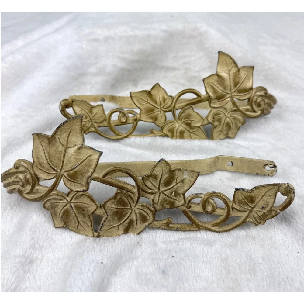 Vintage Aged Yellow Gold Patina Ivy Leaf Metal Curtain Tie Backs Holdbacks Pair